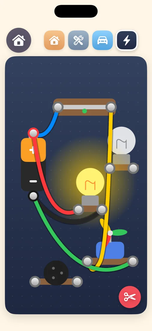 Electrician board with wires and a glowing bulb